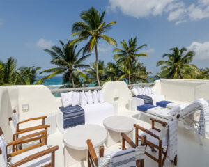 Balcony patio of a luxury villa in Barbados with white walls, wooden furniture, navy and white decor and palm trees in the background