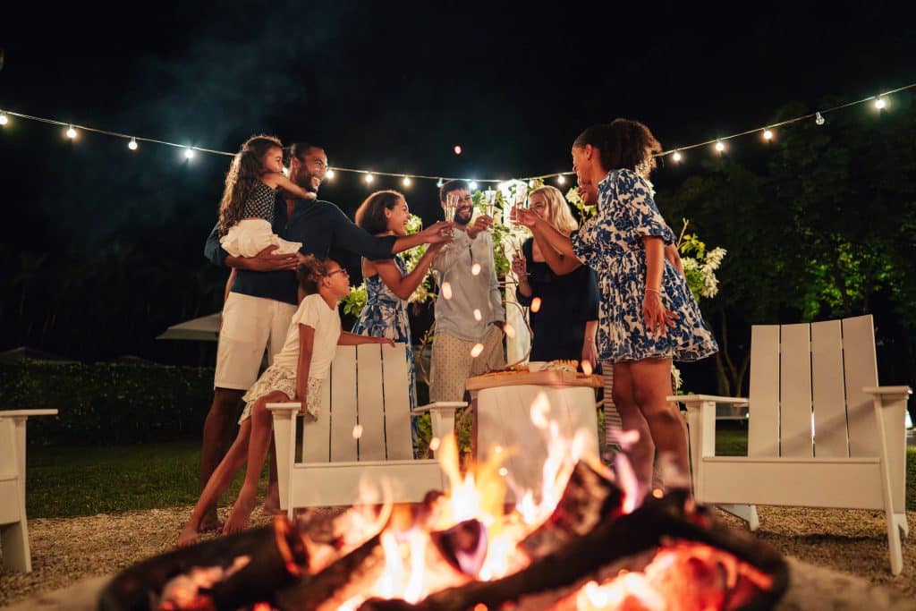 Family around the fireplace